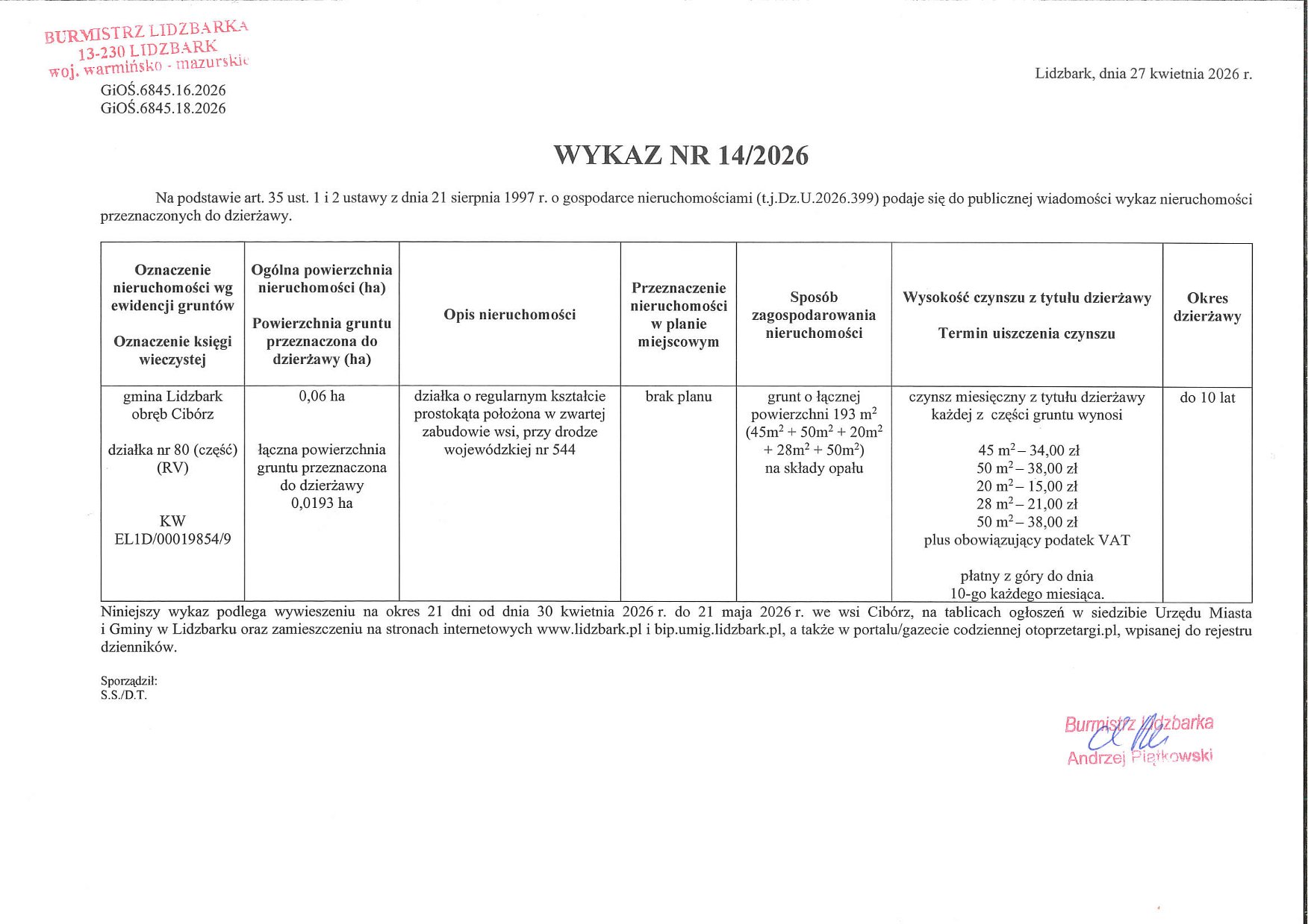 Wykaz Nr 14/2026 - Nieruchomość gruntowa do dzierżawy - obr. Cibórz dz. nr 80